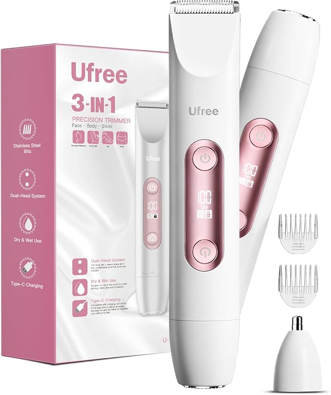 Ufree Bikini Trimmer Electric Razors for Women Dual Head, Pubic Body Hair Trimmer Electric Shaver for Face, Legs, Arm, Rechargeable Lady Shaver Waterproof, Summer Grooming Kit, Gifts for Her