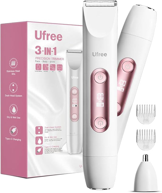 Ufree Bikini Trimmer Electric Razors for Women Dual Head, Pubic Body Hair Trimmer Electric Shaver for Face, Legs, Arm, Rechargeable Lady Shaver Waterproof, Summer Grooming Kit, Gifts for Her