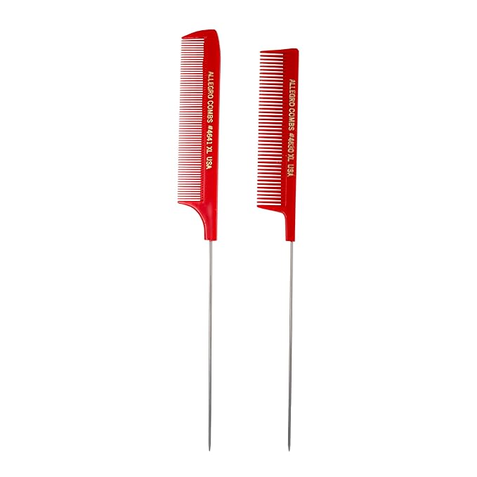 Allegro XL Rat Tail & Pin Combs - Metal Tail Foiling Combs for Stitch Braids - 2 Pc. (Red)