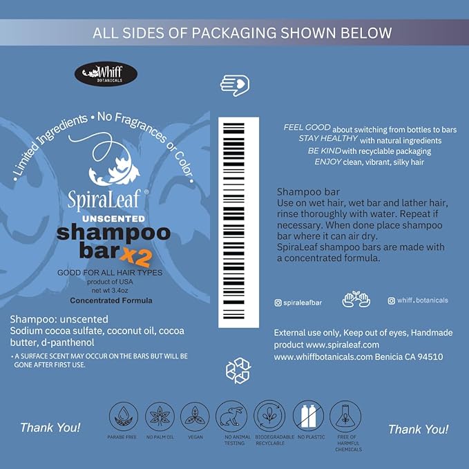 Spiraleaf Solid Shampoo Bars x2 – UNSCENTED Shampoo Bars, All Hair Types, Rich Nourishing Oils, Fragrance-Free, Dye-Free, Concentrated Formula, Crafted in the USA