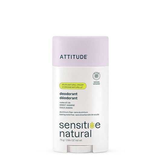 ATTITUDE Deodorant for Sensitive Skin, Aluminum Free & Baking Soda Free, Gentle & Vegan, Long-Lasting Odor Protection, Sweet Jasmine Scent, 2.64 Oz
