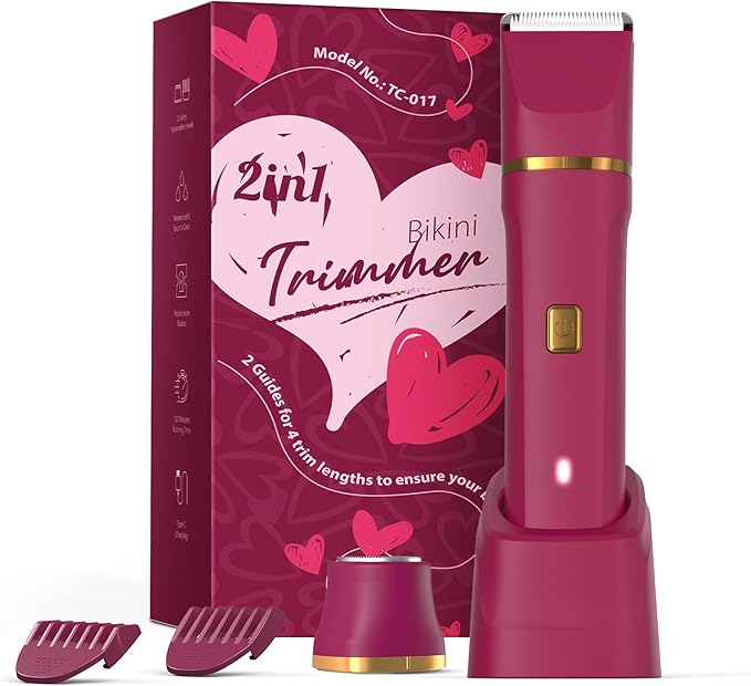 Bikini Razor for Women Men - Electric Waterproof Shaver Trimmer Hair Removal Groomer with Ceramic Blade Hypoallergenic USB Rechargeable Dock Wet Dry Body Facial Painless - Berry Red
