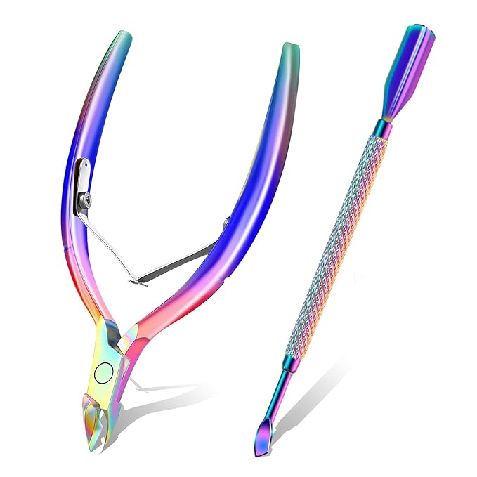 Cuticle Remover Trimmer Pusher Nippers - Cuticle Remover Professional Durable Toe Pedicure Nail Manicure Tools Set, Stainless Steel Cuticle Nipper Cutter Clipper (Colored Pusher)