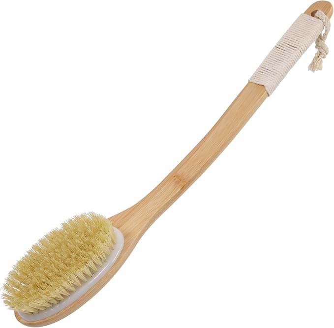 OWIIZI Back Scrubber Brush for Shower,Curved Extra Long Handle Bamboo Stiff Bristle Body Brush for Exfoliating,Natural Agave Stiff Sisal Shower Scrubber for Back Use Wet or Dry-17.9inches
