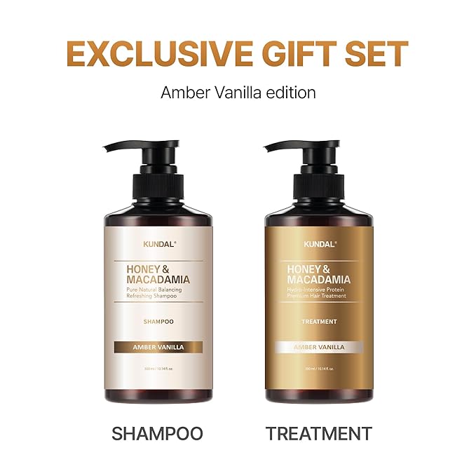 KUNDAL/Honey & Macadamia/Deep Moisture Repair Set, Smooth Frizz + Strengthen Strands + Silky Soft Hair | Amber Vanilla, 300ml (Pack of 2), Stocking Stuffers