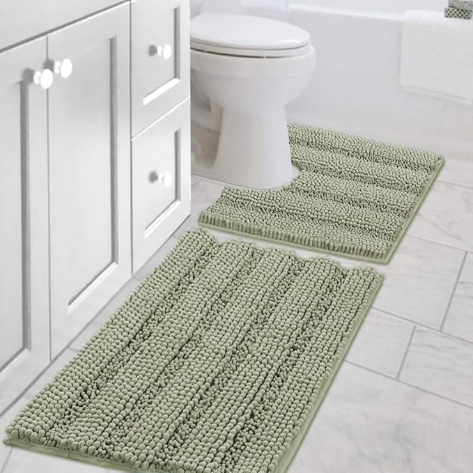 H.VERSAILTEX Bathroom Rug Sets 2 Piece Bath Mats Non Slip Thick Soft Chenille Striped Bath Rug achine Washable Shower Floor Rugs for Tub, Shower and Floor (Eucalyptus Green, 20"x32" Plus 20"x20" U)