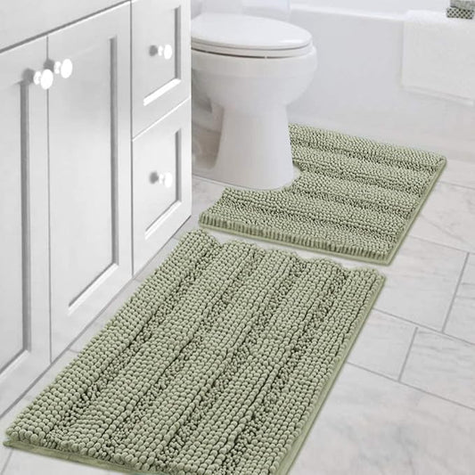 H.VERSAILTEX Bathroom Rug Sets 2 Piece Bath Mats Non Slip Thick Soft Chenille Striped Bath Rug achine Washable Shower Floor Rugs for Tub, Shower and Floor (Eucalyptus Green, 20"x32" Plus 20"x20" U)
