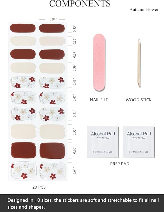 Semi Cured Gel Nail Strips (Autumn Flower), 20 Pcs Gel Nail Wraps, Stickers, Fall, Salon Quality, Works With Any Lamps