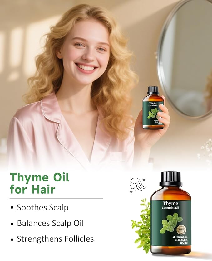 Pure Thyme Essential Oil, Mumianhua Natural Thyme Oil for Diffuser Aromatherapy, Hair Care, Skin, Massage, Soap,Candle Making, Protective Atmosphere, Outdoor Defense, Herbaceous Strength 3.38 Fl Oz