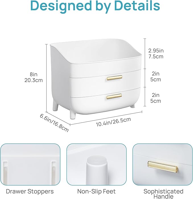 Vtopmart 3-Tier Skincare Makeup Organizer with Drawers for Vanity and Bathroom Countertop, Large Cosmetic Storage Box Case for Dresser, with Non-Slip Base