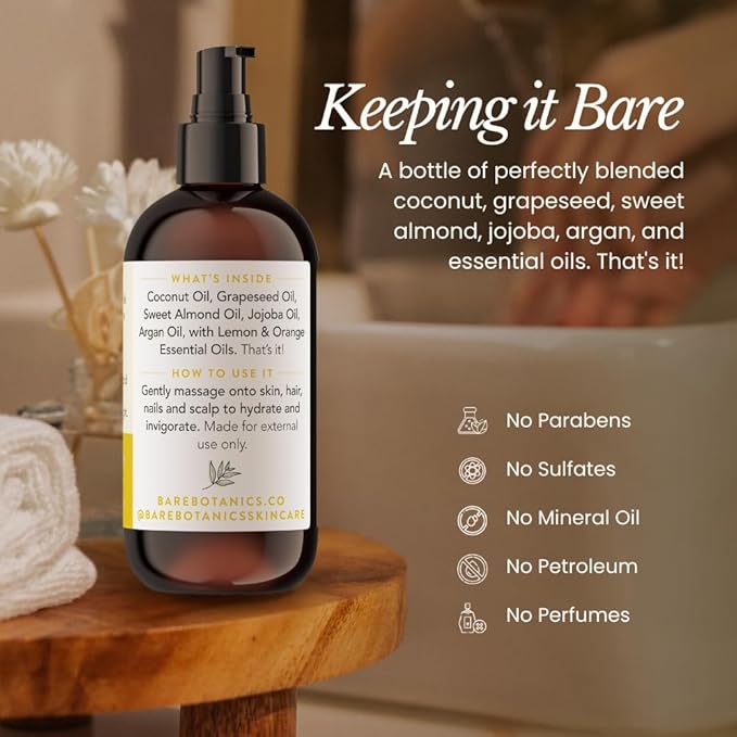 BARE BOTANICS 8 oz Moisturizing Lemon Orange Body Oil - 100% Pure & Natural for Skin & Nails - Perfect for Moisturization - Vegan, Cruelty Free & Naturally Scented Hair Oil