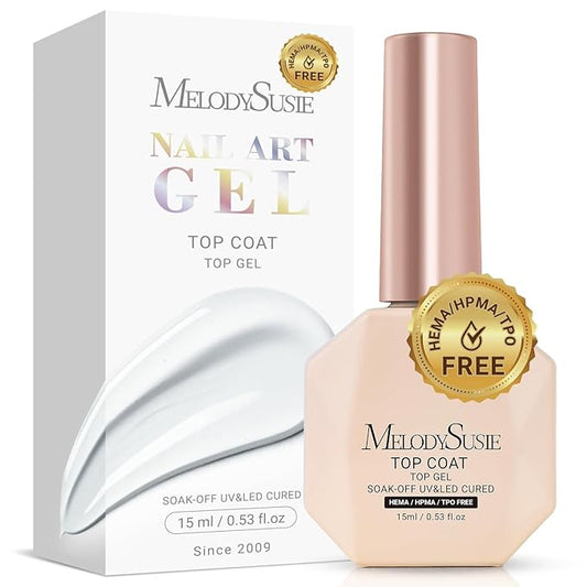 MelodySusie Hema Free Gel Top Coat,Hema Free,Hpma Free,Tpo Free,No Wipe,Soak off UV LED Drying,Long Lasting Gloss Shiny 15ML