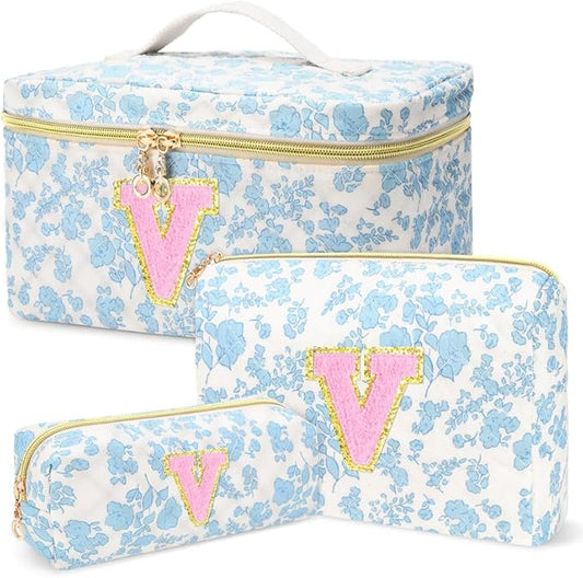 3 PCS Travel Makeup Bag Set,A-Z Initials Cotton Make up Bag Floral Quilted Cosmetic Bag for Girls and Women,Personalized Christmas Gifts,Cute Toiletry Travel Accessories Brushes Bags-V