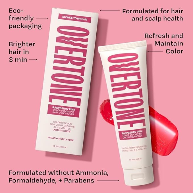 Overtone Daily Color Depositing Conditioner - 4.5oz Temporary Coloring Conditioner w/Shea Butter & Coconut Oil - Refresh Color & Prevent Fading - Vegan & Cruelty-Free, Pink for Brown is Rapsberry Pink