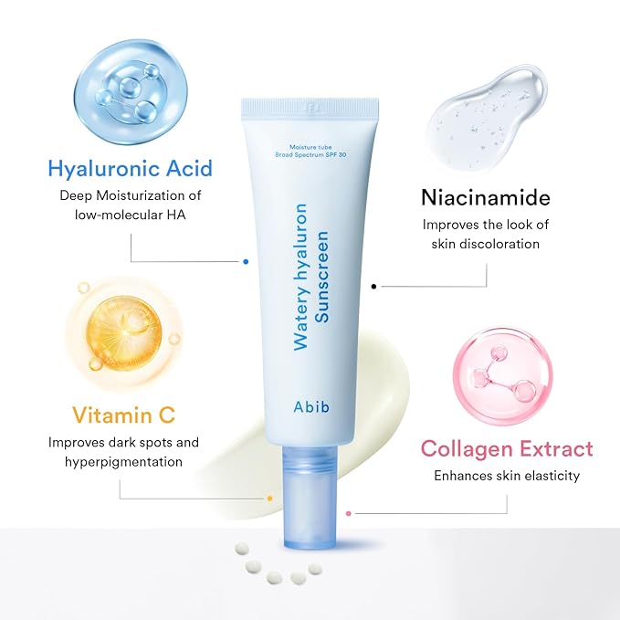 Abib Watery Hyaluron Sunscreen Moisture Tube Broad Spectrum SPF 30 1.69 fl oz / 50ml | Korean Suncreen Suncare Sunblock No White cast Reef Safe Hyaluronic Acid Niacinamide Vitamin C Collagen