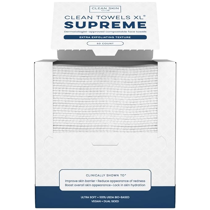 Clean Skin Club Clean Towels XL® Supreme, 100% USDA Biobased Face Towel, Disposable Face Towelette, Eczema Association Accepted, Thicker Textured Makeup Remover Dry Wipes, 1 Pack, 50 Ct