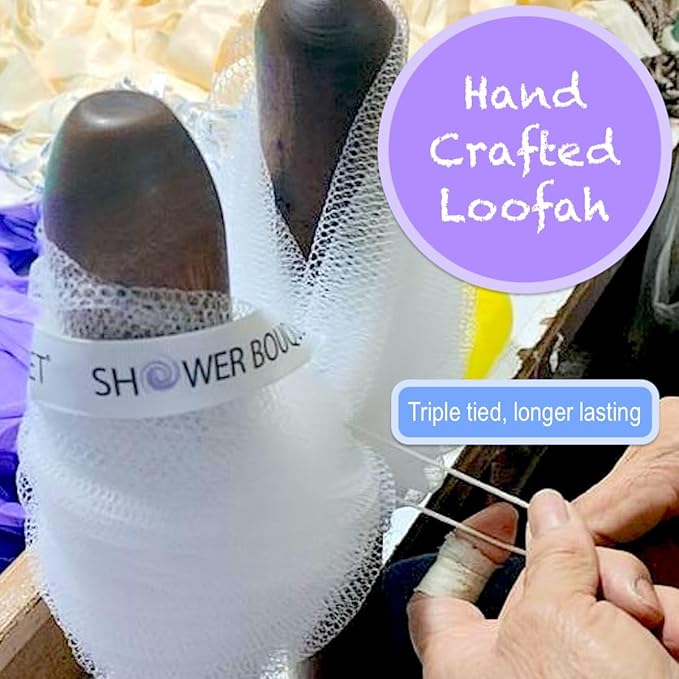 SHOWER BOUQUET Loofah Soft-White-Cloud XL Bath-Sponge 4-Pack // Extra Large 75g Mesh Loofa Lufa Pouf Set for Men and Women - Exfoliate with Big Gentle Cleanse Scrubber in Beauty Bathing Accessories