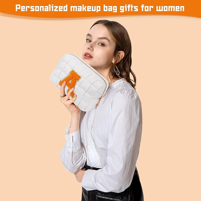 Initial Checkered Makeup Bag, Large Quilted Cosmetic Bag, Cute Make up Pouch for Purse, Travel Toiletry Storage Bag for Women Preppy Teen Girls Gift Trendy Stuff Gift (White A)