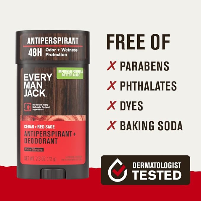 Every Man Jack Men’s Cedar + Red Sage Antiperspirant Deodorant – New & Improved Formula – Smooth Glide, 48-Hour Odor & Sweat Defense– 2.6 oz (2 Pack)