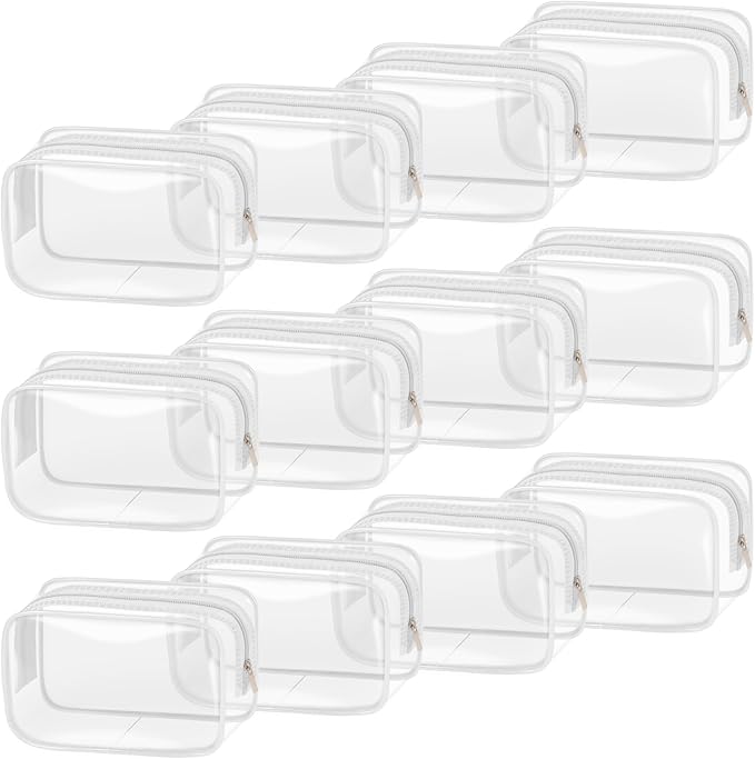 TISRATOK 12 PCS Clear Makeup Bag for Women with Zipper, TSA Approved Toiletry Pouch, Cosmetic Bag Bulk for Travel Organizer Essentials - White,Small