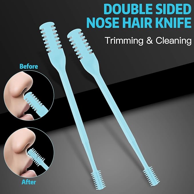 4Pcs 2-in-1 Nasal Hair Cutter, Double Sided Nose Hair Trimmer, 360° Nostril Hair Remover Tool, Manual Nose Knife with Soft Cleaning Brush for Men Women(Blue)