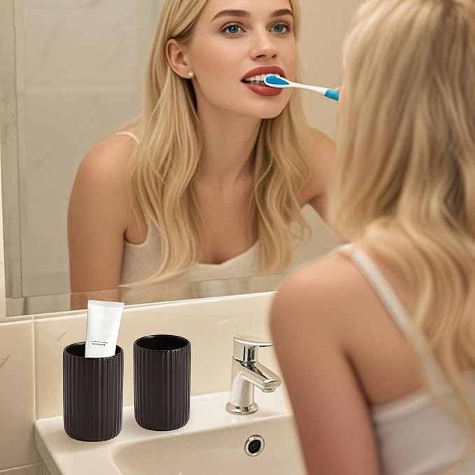 Toothbrush Holders for Bathrooms, Ceramic Tooth Brush Holder Set, Ribbed Bathroom Cups Tumbler, Reusable Toothbrush Mouthwash Cup, Toothpaste Holder Toothbrush Organizer for Bathroom Counter
