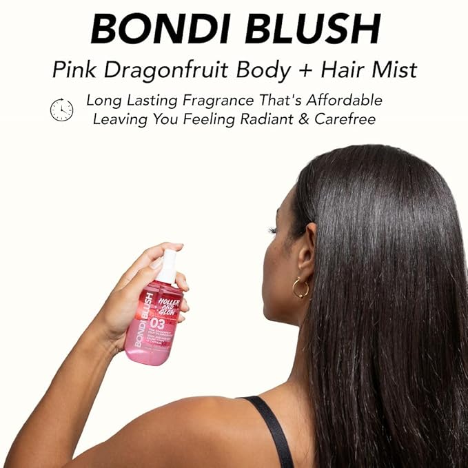 HOLLER AND GLOW Bondi Blush Pink Dragonfruit Body & Hair Mist, Body Spray For Women, Hair Perfume For Women, Jasmine, Amber Scented, Floral & Tropical Fragrance Notes, 8.11 Fl Oz