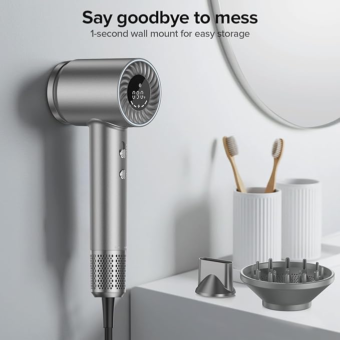 Hair Dryer, 150000 RPM Brushless Motor with 500M Negative Ions, Fast-Dry Lightweight Design, ThermoControl & Magnetic Nozzle/Diffuser, Low Noise Salon Blow Dryer for All Hair, Travel, Home