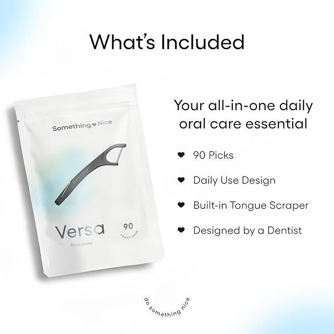SOMETHING NICE Versa Floss Picks - Minty Fresh Twin Floss for Extra Strength with Mint Flavour - Dental Floss Picks with Tongue Scraper | Flossers with Xylitol for Enhanced Protection 90-Pack