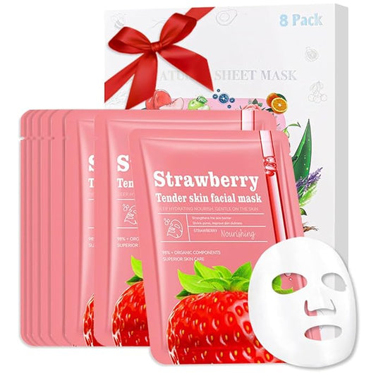 8 Pack Strawberry Kids Face Mask,Pink Face Masks Skincare Spa Day Kit Supplies,Spa Party Favors for Teens Girls Women,Sheet Facial Mask Skincare Gifts Set,Moisturize Soothe for All Skin Types