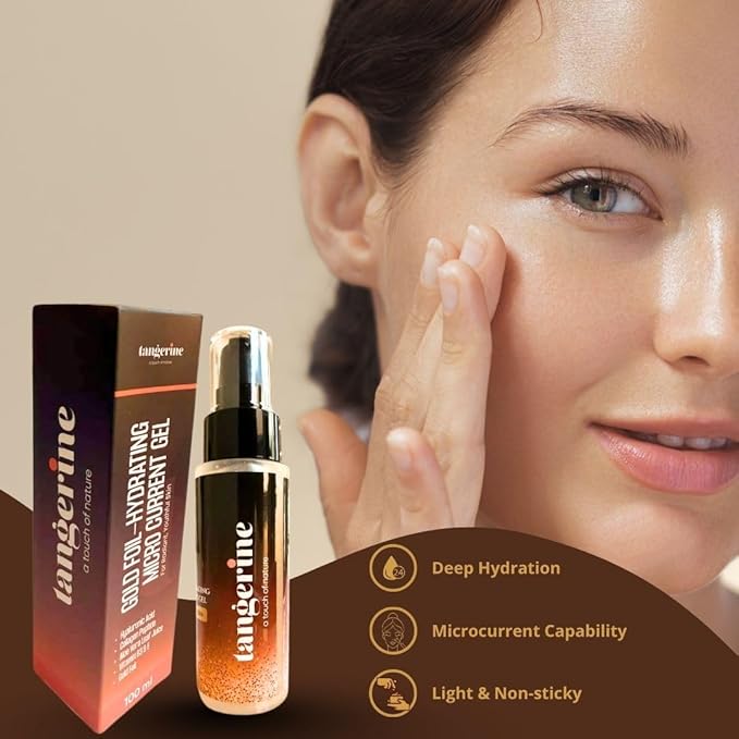 Microcurrent Gel for face moisturising and skincare facial Hydrating solution with gold foil, hylurionic acid, Vit B3,E and alovera Juice