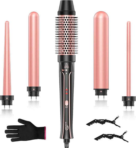 5 in 1 Curling Iron, Sixriver Hair Curling Wand Set with Curling Thermal Brush&4 Interchangeable Ceramic Curling Wand(0.4”-1.25”), Long Lasting Curls, Fast Heating Hair Wand Curler with Glove&2 Clips