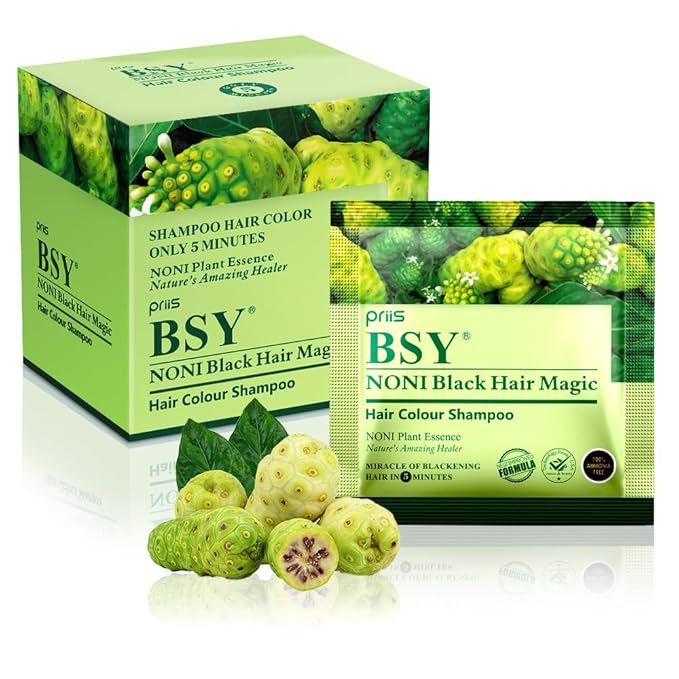 BSY Black Hair Magic Color Shampoo (12ml x 12 Sachets) | Ammonia-Free Permanent Noni Fruit Hair Dye for Men and Women | Natural 5-Minute Hair Color