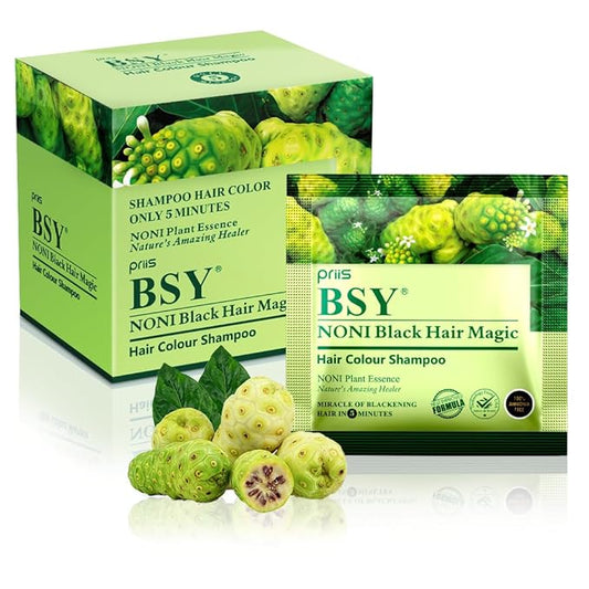 BSY Black Hair Magic Color Shampoo (12ml x 12 Sachets) | Ammonia-Free Permanent Noni Fruit Hair Dye for Men and Women | Natural 5-Minute Hair Color