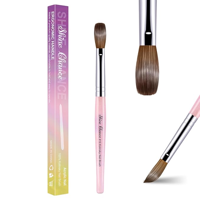 Acrylic Nail Brush Size 16, 100% Pure Kolinsky Nail Brush for Acrylic Application, Professional Nail Extension Manicure Tool Nail Drawing Pen for DIY Home Salon(Pink)