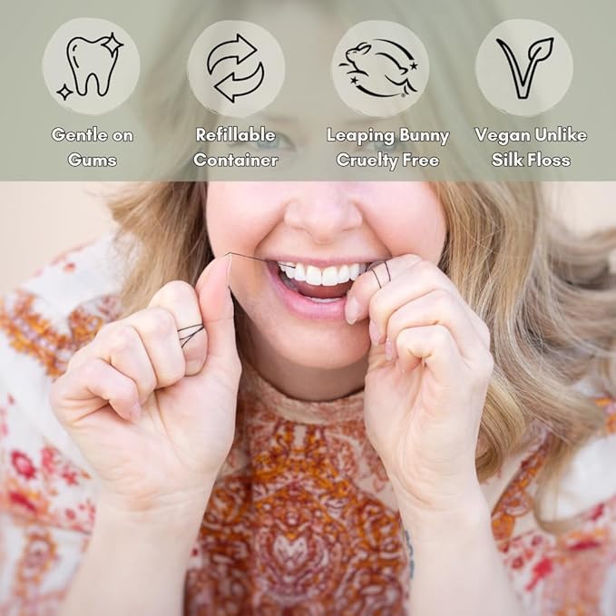 Vegan Biodegradable Bamboo Charcoal Dental Floss with Refillable Stainless Steel Rainbow Container | Extra Floss Refill | Natural Candelilla Wax | 30M x2 | Peppermint | Eco Zero Waste Oral Care