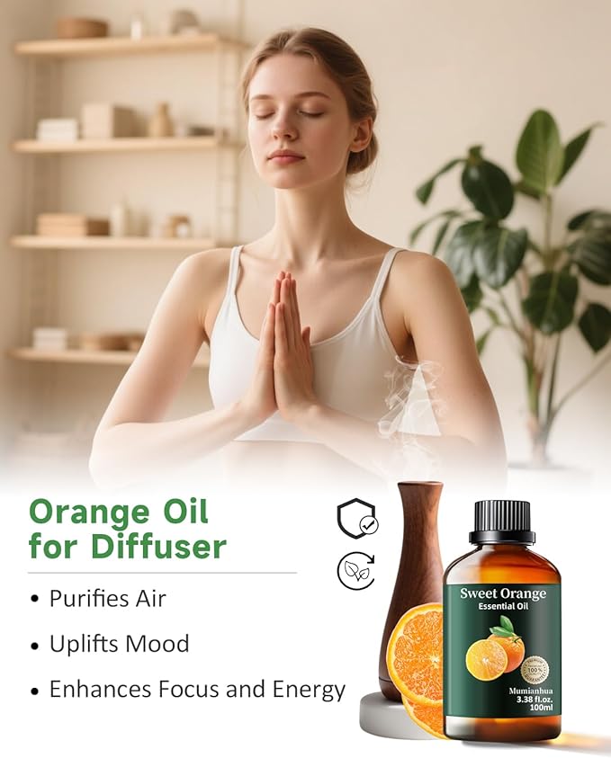 Orange Essential Oil Pure,Mumianhua Natural Sweet Orange Oil for Diffuser, Humidifier, Air Purifier, Skin,Home, Soap, Candle Making, Room Spray, Cleaning 3.38Fl Oz