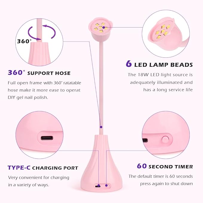 UV LED Nail Lamp, Portable Mini Nail Dryer, 360° Rotatable Hands Free Quick Gel Nail Light, Nail Polish Curing Lamp Flash Cure Light for Nails Great for DIY Home & Salon Manicure (Pink)