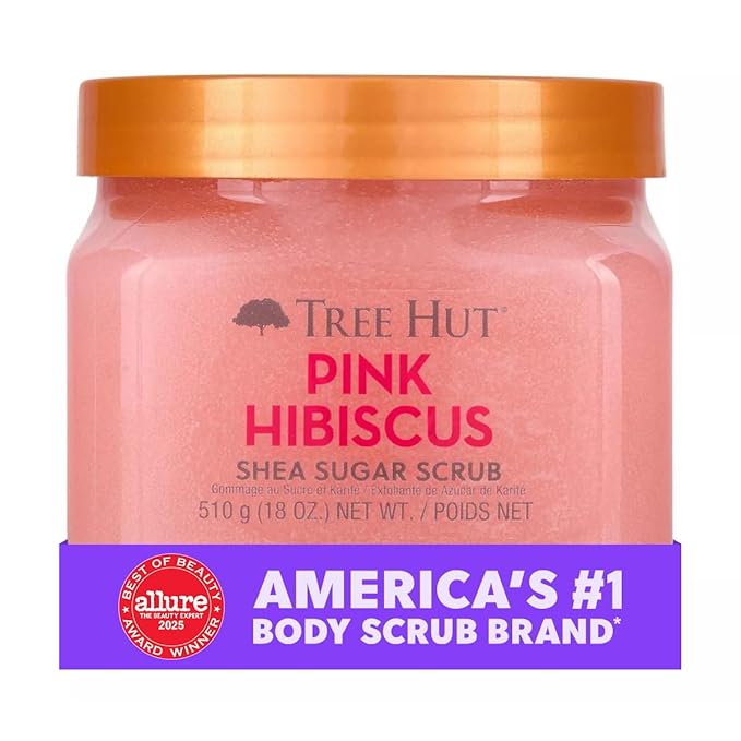 Tree Hut Pink Hibiscus Shea Sugar Scrub, Exfoliating, Hydrating & Moisturizing Body Scrub with Shea Butter & Nourishing Essential Oils, Smooth & Soften Skin, 18 oz