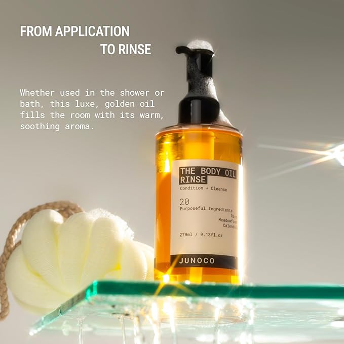 JUNO & Co. Body Oil Rinse, Shower Oil with with Rice Bran, Meadowfoam Seed & Calendula, Hydrating, Balancing & Skin-Softening Body Wash for Women/Men 9.13 fl oz