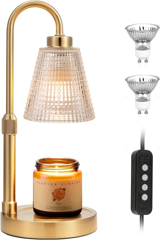 Innqoo Gold Candle Warmer Lamp with Timer, Dimmable Candle Warmer for Jar Candles, Height Adjustable Wax Melts Warmer, Birthday Gifts for Women Mom, House Warming Gifts New Home Decor