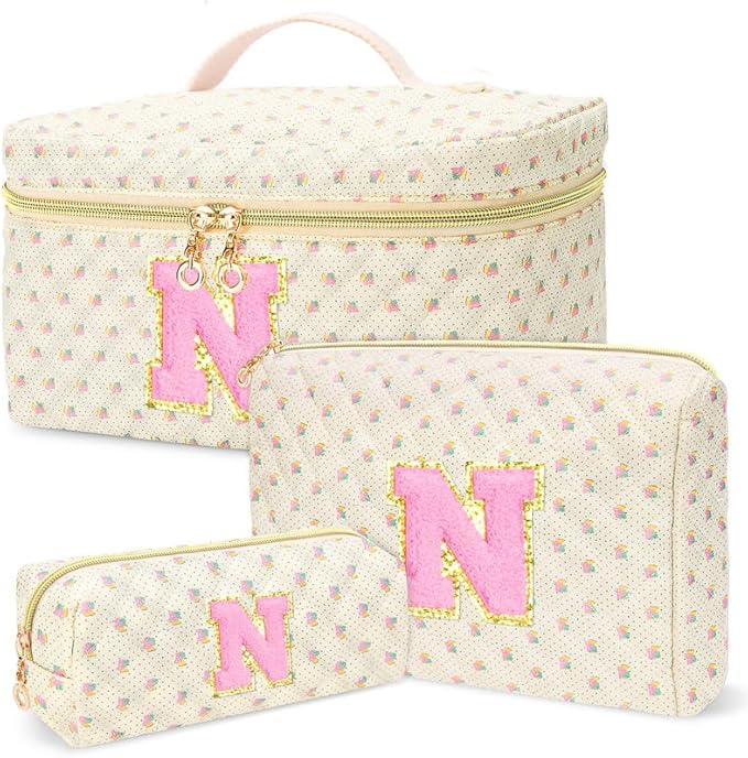 3 PCS Travel Makeup Bag Set,A-Z Initials Cotton Make up Bag Floral Quilted Cosmetic Bag for Girls and Women,Personalized Christmas Gifts,Cute Toiletry Travel Accessories Brushes Bags-N