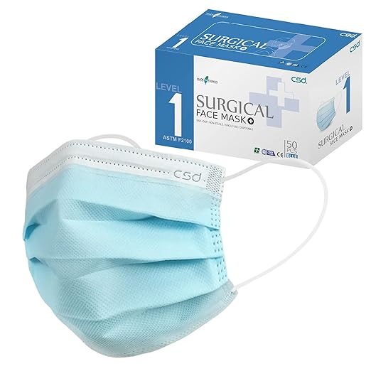 CSD Colo 50 Pcs ASTM Level 1 Disposable Face Masks, 3 Ply Adult Mask with Elastic Ear Loop, Nose Bridge Clip, Breathable Comfortable Mask Great for Indoor, Outdoors Use (Blue)