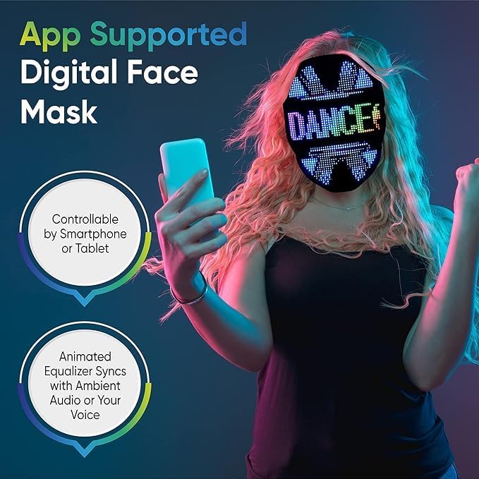 Glow Gear Face Transforming LED Mask App-Controlled Light Up Cosplay Mask with 115+ Animated Faces, Customizable LED Patterns, Rechargeable Battery Rave, Festival, Halloween, DJ Accessory