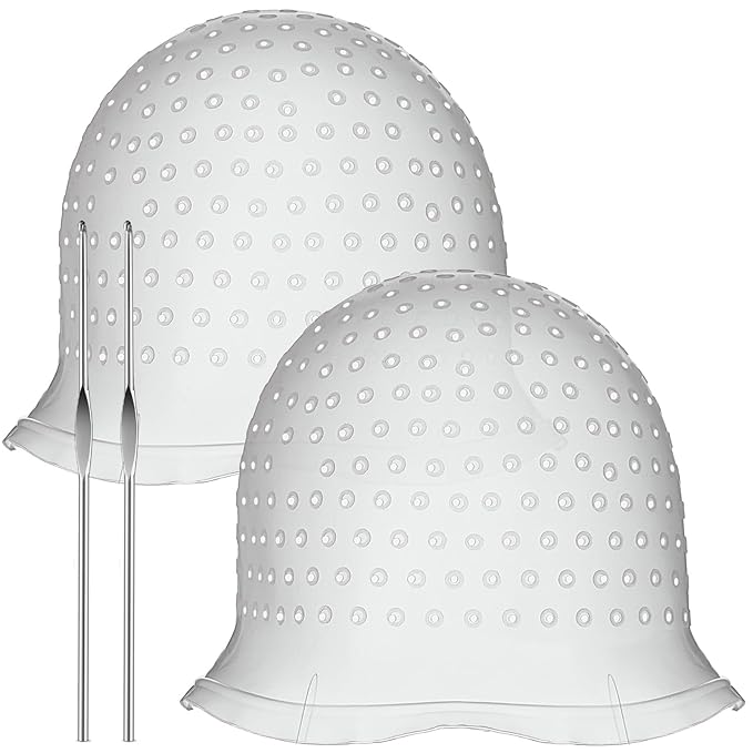 2 Pcs Hair Coloring Highlighting Cap Reusable Silicone Highlight Cap Pull Through Caps for Hair Coloring Frosting Cap with Hook Hair Dye Cap with Holes Hair Salon Tools Hairdressing Highlighting Kit