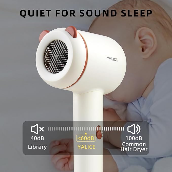 YALICE Kids Hair Dryer, Travel Small Hair Dryer for Children, Mini Ionic Quiet Kids Blow Dryer with ALCI Safety Plug, 3 Speed Settings, Anti-Scald, Kids Birthday Gift for Baby Hair Accessories, Khaki