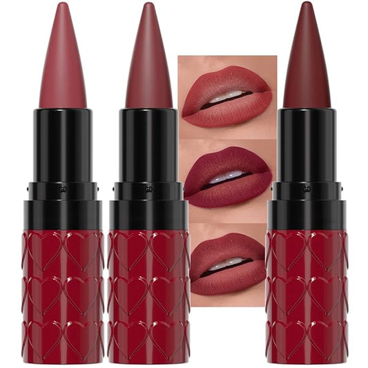 evpct 3Pcs Ruby Dark Red Maroon Gradient Matte Lipstick Lip Liner Combo Set for Older Women Long Lasting Waterproof, Lips Stick Crayon Cream Lip Liner Lipstick Combo Makeup, Flawless Ombre Effect