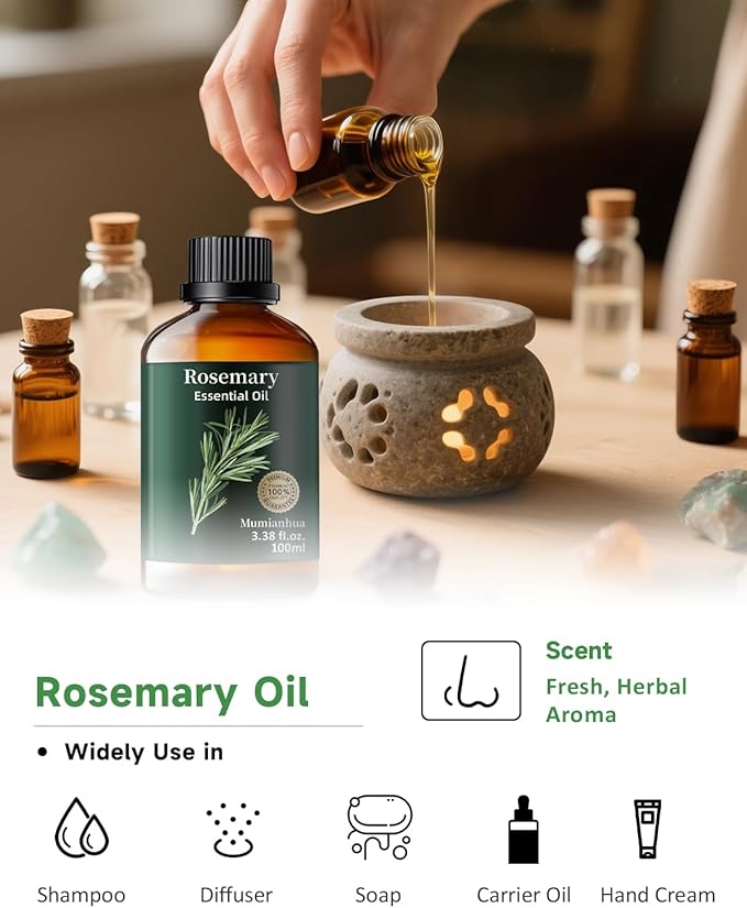 Rosemary Essential Oil Pure Mumianhua Natural Rosemary Oil for Diffuser, Aromatherapy, Cleansing, Scalp,Hair, Skin, Soap Making 3.38 Fl Oz