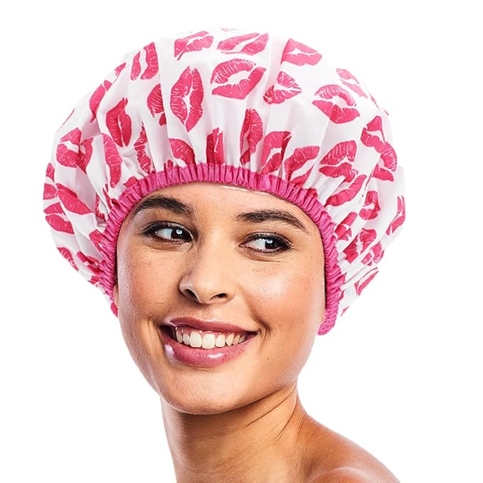 Reusable Shower & Bath Cap & Lined, Oversized Waterproof Shower Caps Large Designed for all Hair Lengths with PEVA Lining & Elastic Band Stretch Hem Hair Hat - Fashionista Showered With Kisses