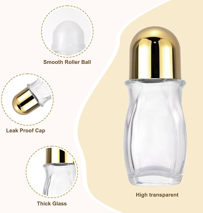 4 Pack 50mL Clear Glass Roller Bottles for Deodorant, Essential Oil Roll On Bottles, Leak-Proof Refillable Rollerball Containers with Golden Caps, Travel DIY Perfume Applicator